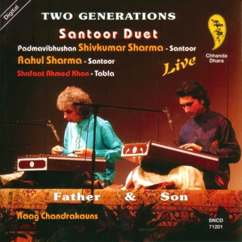 Pandit Shivkumar Sharma and son Rahul sitting on stage, playing santoors